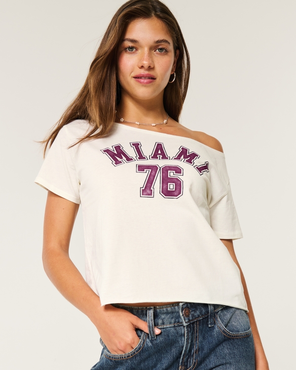 Easy Off-the-Shoulder Miami Graphic Tee, Off White