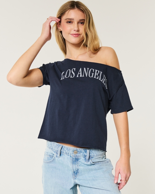 Easy Off-the-Shoulder Los Angeles Graphic Tee, Navy Blue