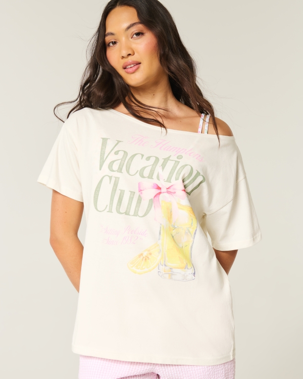 Oversized Off-the-Shoulder Hamptons Graphic Tee, Cloud White view 1