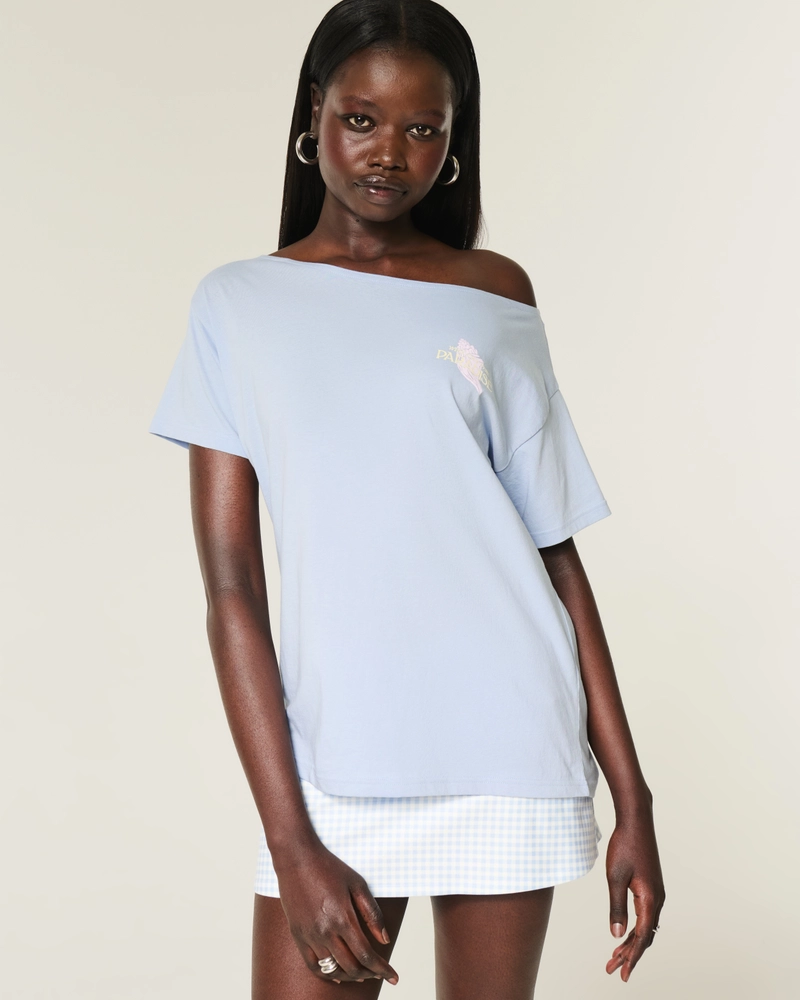 Oversized Off-the-Shoulder Paradise Graphic Tee