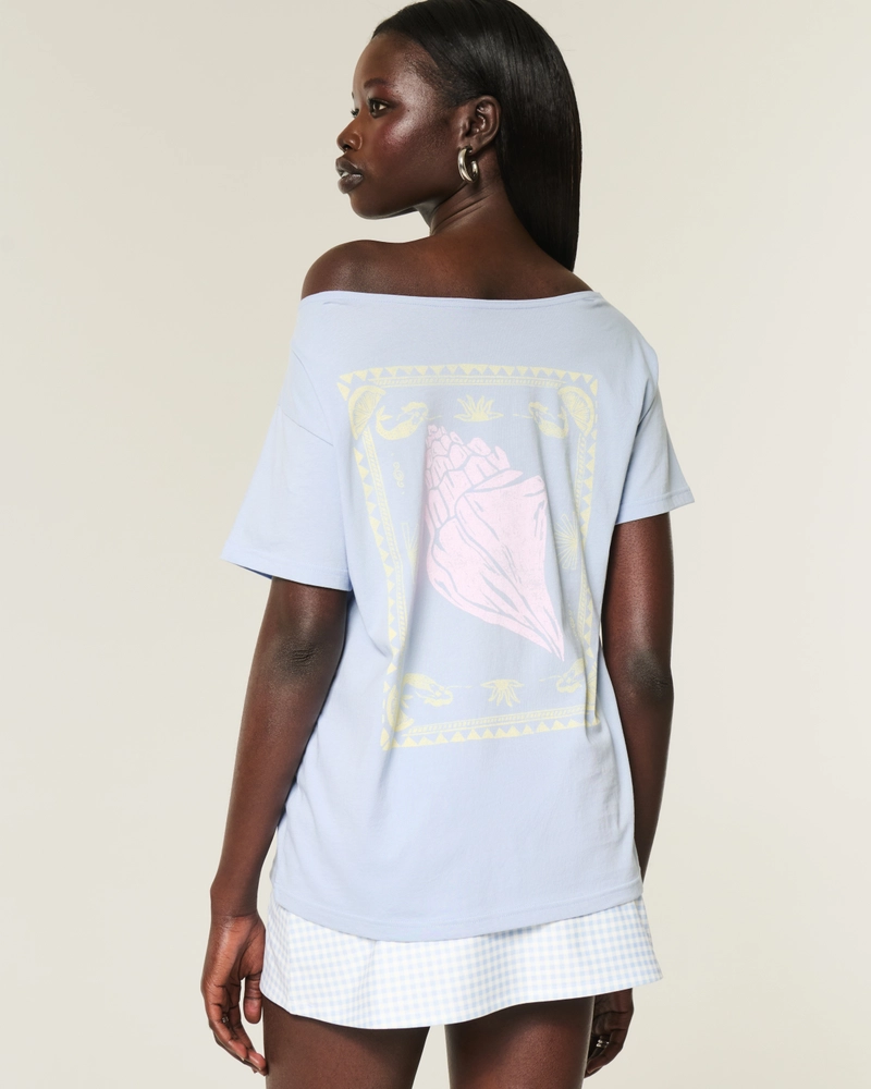 Oversized Off-the-Shoulder Paradise Graphic Tee