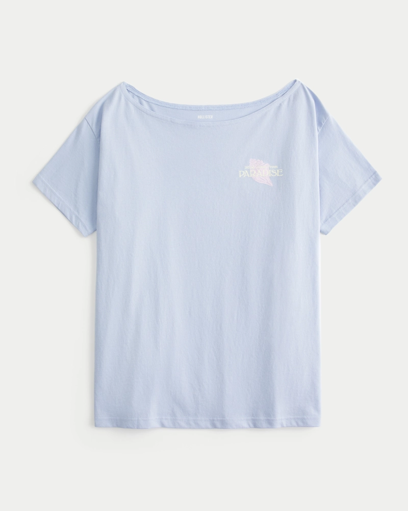 Oversized Off-the-Shoulder Paradise Graphic Tee