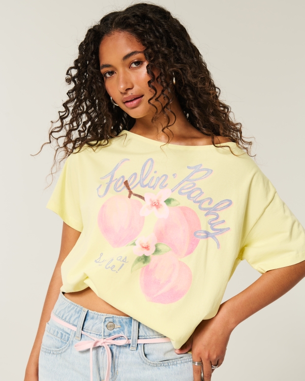 Oversized Off-the-Shoulder Feelin' Peachy Graphic Tee, Butter Yellow view 1