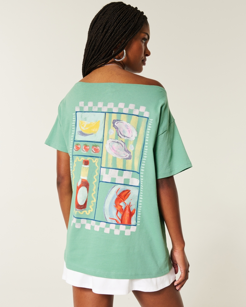Oversized Off-the-Shoulder Ruby's Oyster Shack Graphic Tee