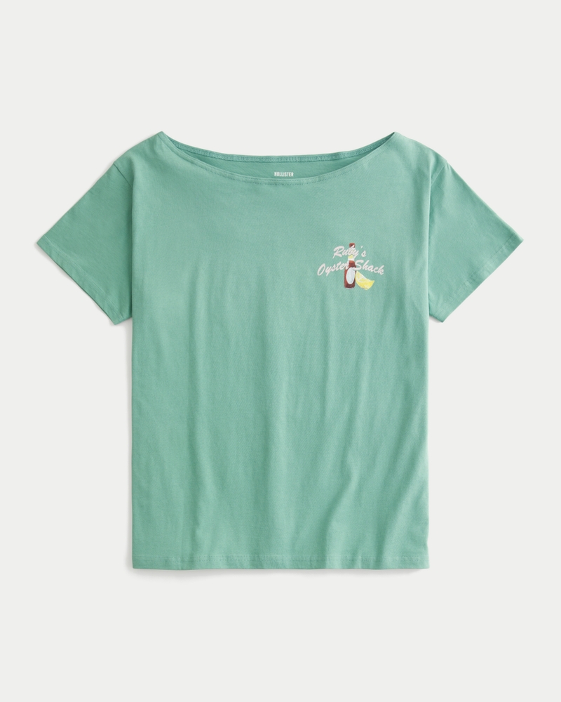 Oversized Off-the-Shoulder Ruby's Oyster Shack Graphic Tee