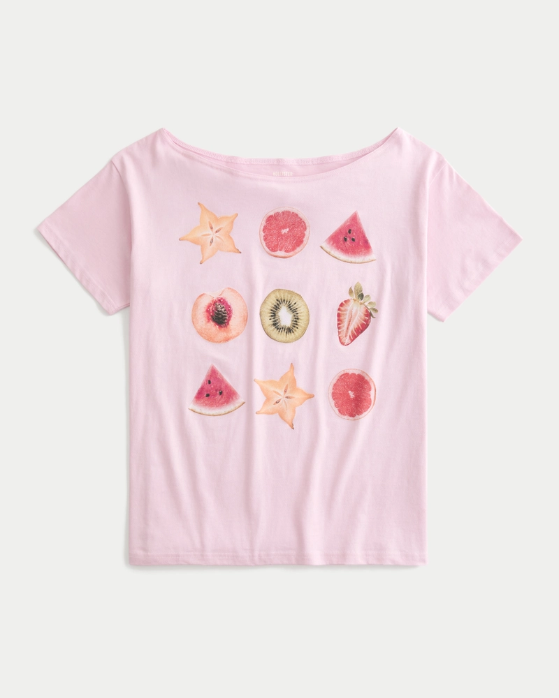 Oversized Off-the-Shoulder Fruit Graphic Tee