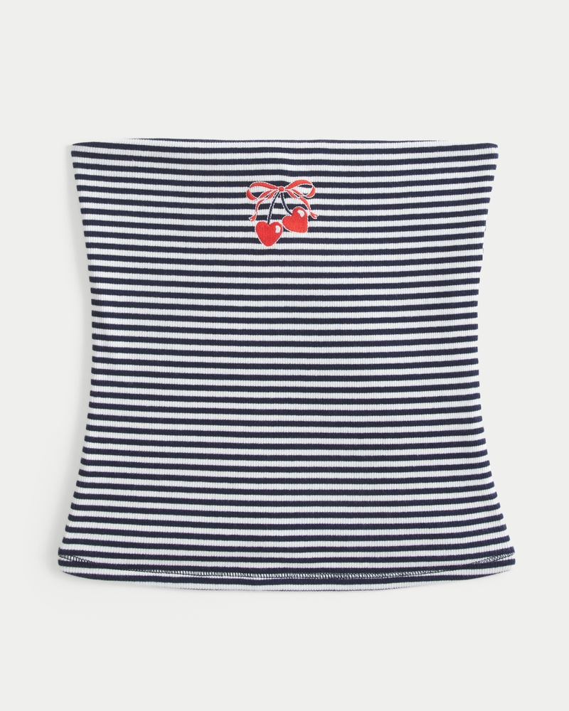 Ribbed Strapless Embroidered Cherry Tube Top