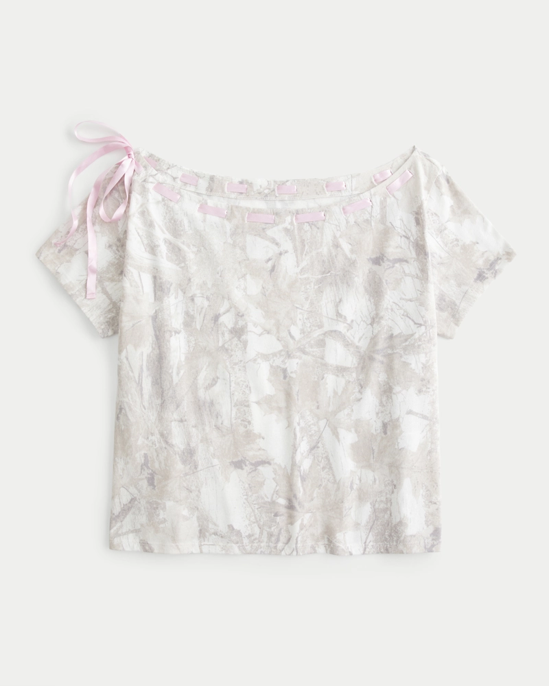 Easy Off-the-Shoulder Tie Camo T-Shirt