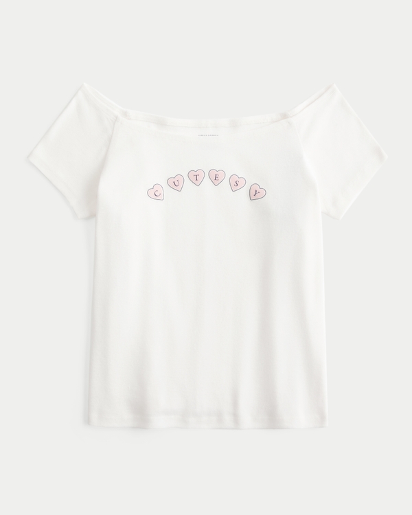 オフショルダー Cutesy グラフィックTシャツ, クラウドホワイト view 1
