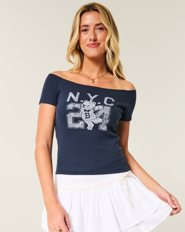 Off-the-Shoulder NYC Graphic Tee, Navy Blue view 1