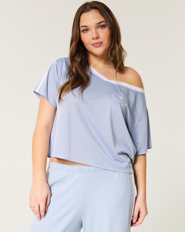 Oversized Off-the-Shoulder Varsity Graphic Jersey, Dusty Blue view 1