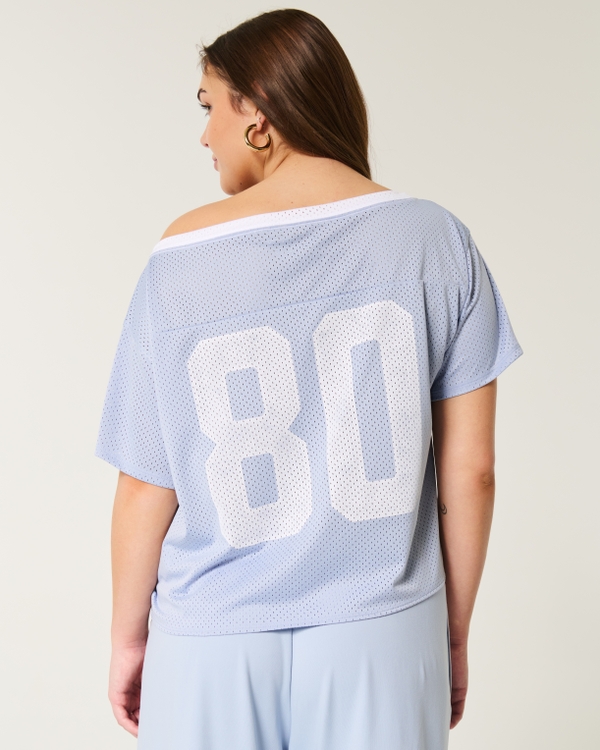 Oversized Off-the-Shoulder Varsity Graphic Jersey, Dusty Blue view 2