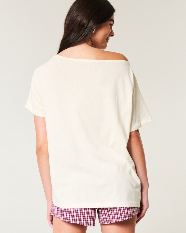 Oversized Off-the-Shoulder Snoopy Graphic Tee, Cream view 2
