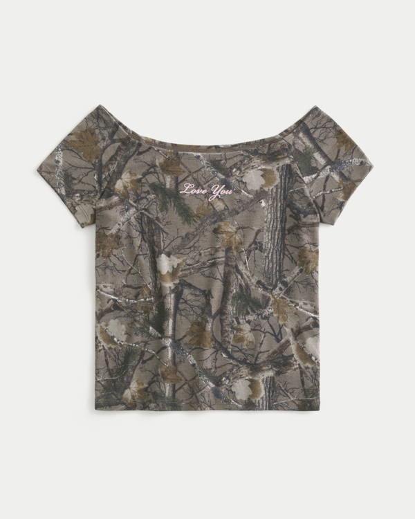 Off-the-Shoulder Camo Love You Graphic Tee, Light Brown Camo view 1