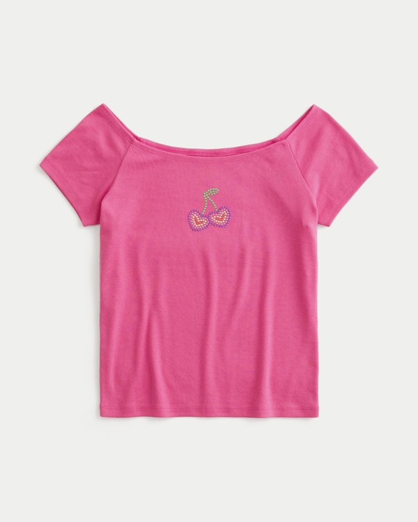 Off-the-Shoulder Heart Graphic Tee, Raspberry view 1