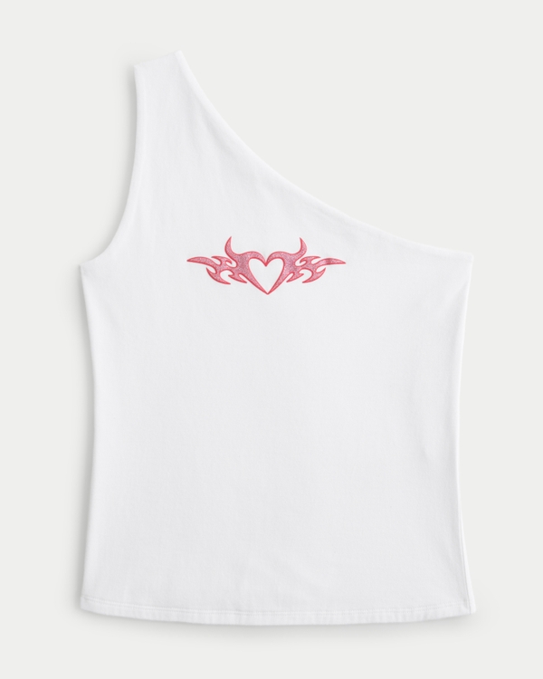 One-Shoulder Heart Graphic Tank, White view 1