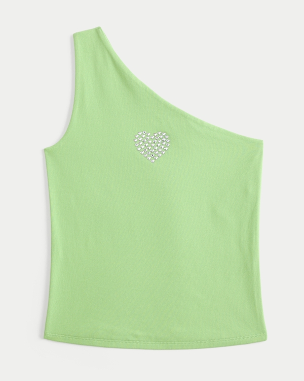 One-Shoulder Heart Graphic Tank, Lime Green view 1