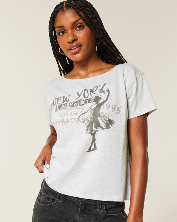 Easy Ribbon Tie-Back New York Graphic Tee, Light Heather Grey view 1