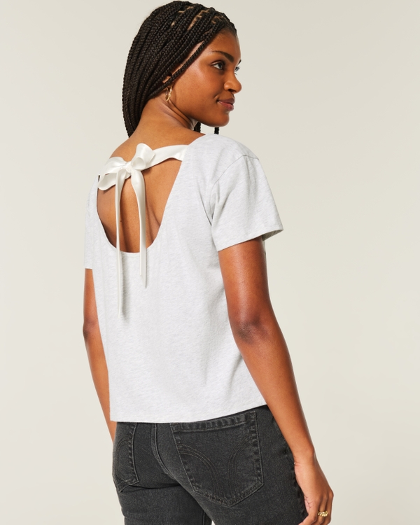 Easy Ribbon Tie-Back New York Graphic Tee, Light Heather Grey view 2