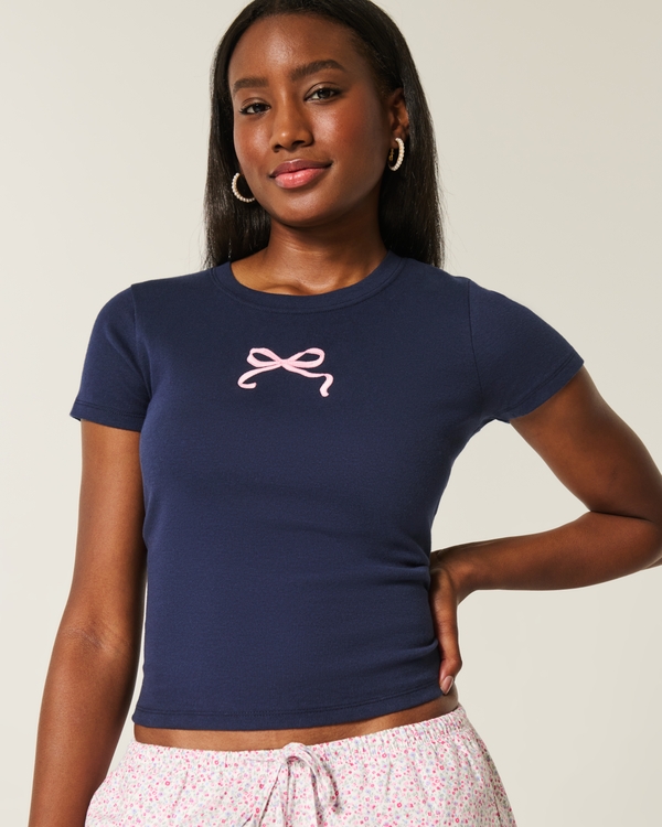 Bow Graphic Baby Tee, Navy Blue view 1