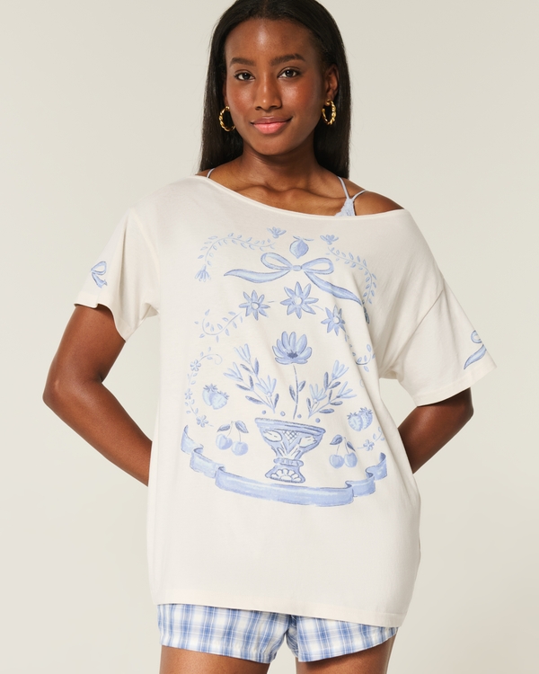 Oversized Off-the-Shoulder Graphic Tee, Cloud White view 1