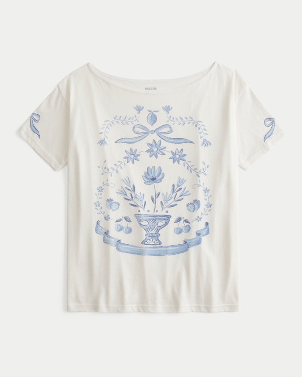 オーバーサイズ オフショルダーグラフィックTシャツ, クラウドホワイト view 1