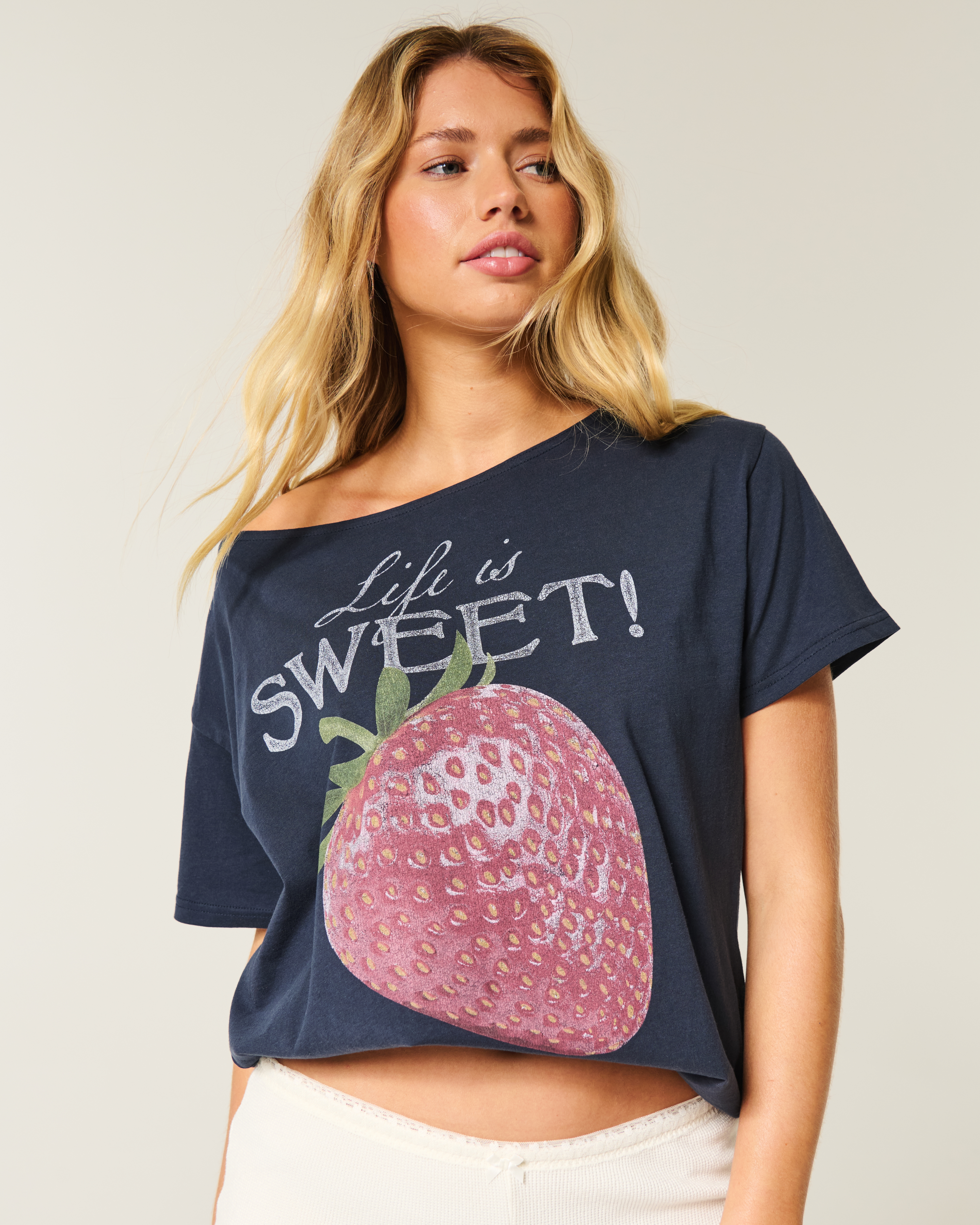 Oversized Off-the-Shoulder Strawberry Graphic Tee