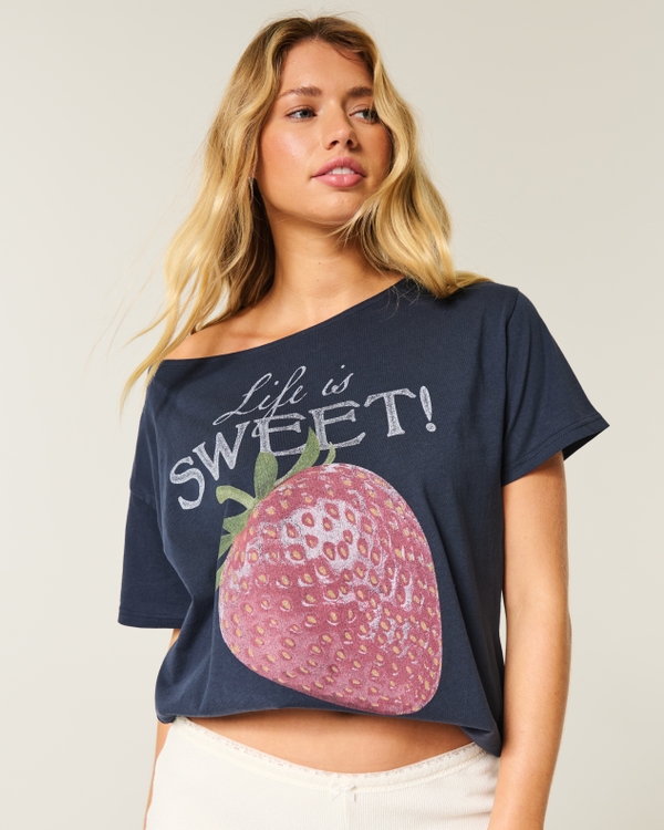 Oversized Off-the-Shoulder Strawberry Graphic Tee, Navy Blue view 1