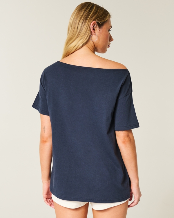 Oversized Off-the-Shoulder Strawberry Graphic Tee, Navy Blue view 2