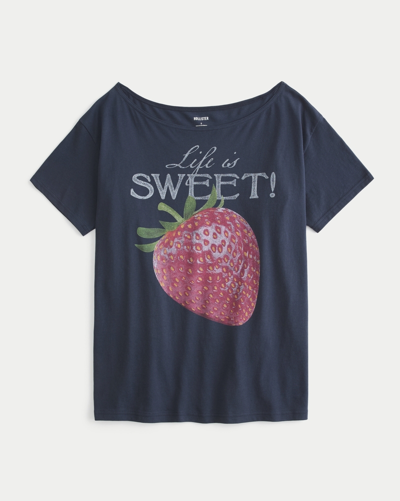Oversized Off-the-Shoulder Strawberry Graphic Tee