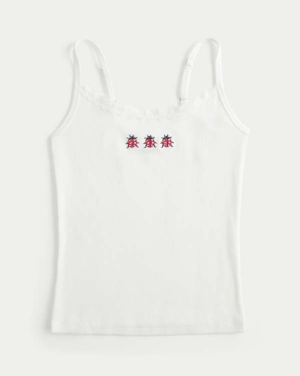 Lace Trim Ladybug Graphic Tank, Cloud White view 1