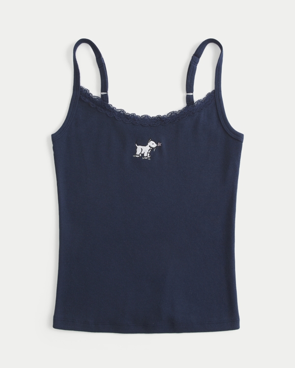 Lace Trim Dog Graphic Tank, Navy Blue view 1