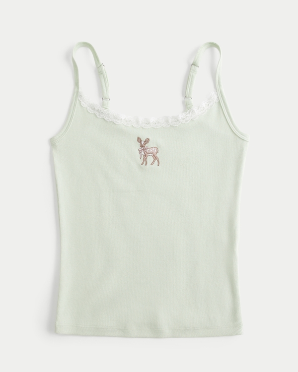 Lace Trim Deer Graphic Tank, Pistachio view 1