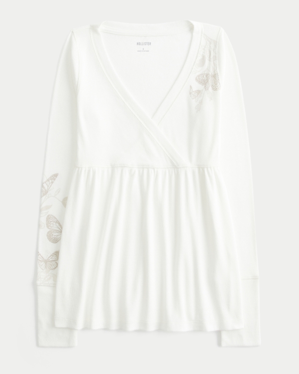 Easy Long-Sleeve Butterfly Pattern Babydoll Top, Cloud White view 1