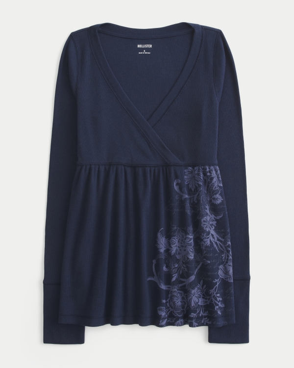 Easy Long-Sleeve Floral Pattern Babydoll Top, Navy Blue view 1