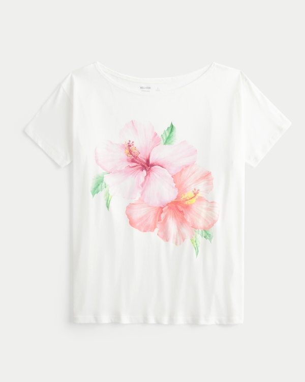 Off-the-Shoulder Hibiscus Graphic Tee, White view 1