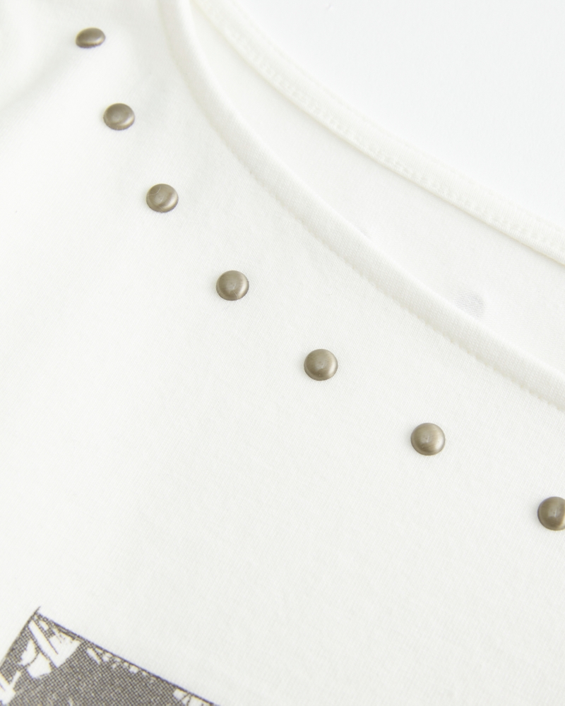 Studded SoHo Graphic Slash-Neck Top