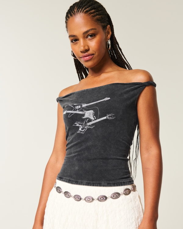 Twisted Off-the-Shoulder Guitar Graphic Tee, Black view 2