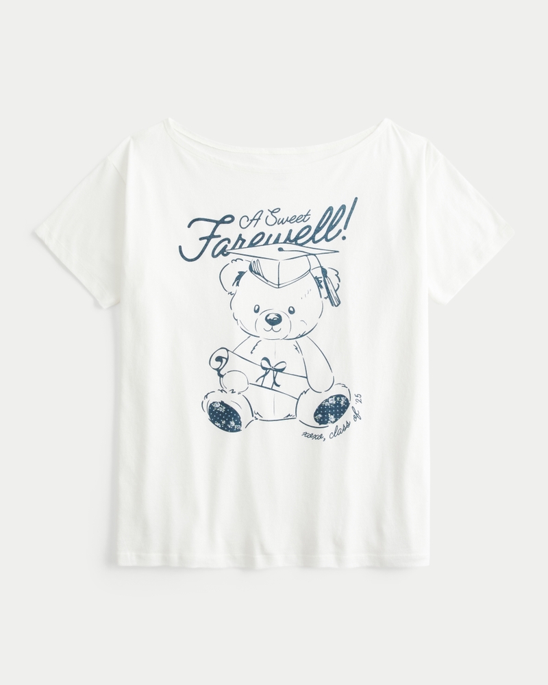 Oversized Off-the-Shoulder Teddy Bear Graduation Graphic Tee