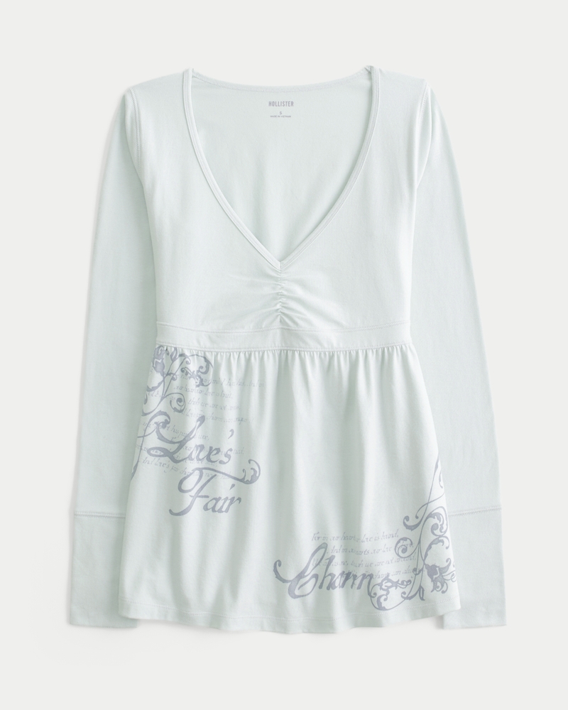 Women's Long-Sleeve Pinch Bust Graphic Babydoll Top | Women's