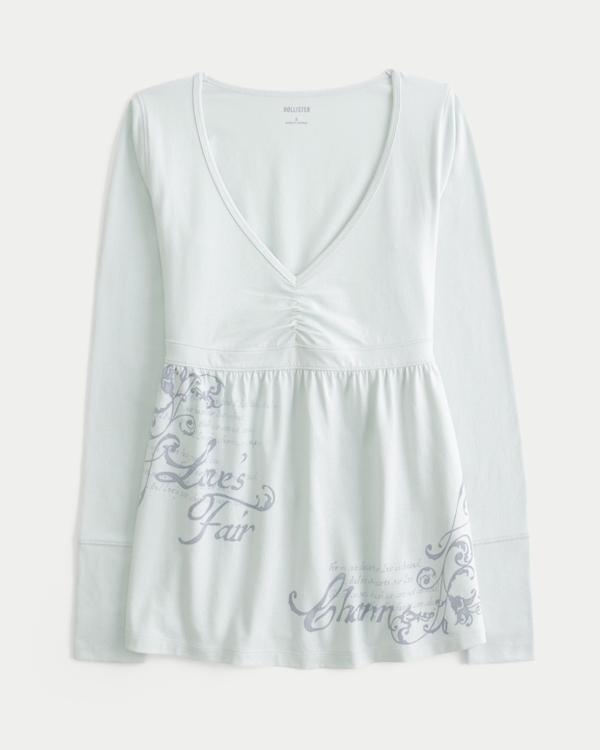 Long-Sleeve Pinch Bust Graphic Babydoll Top