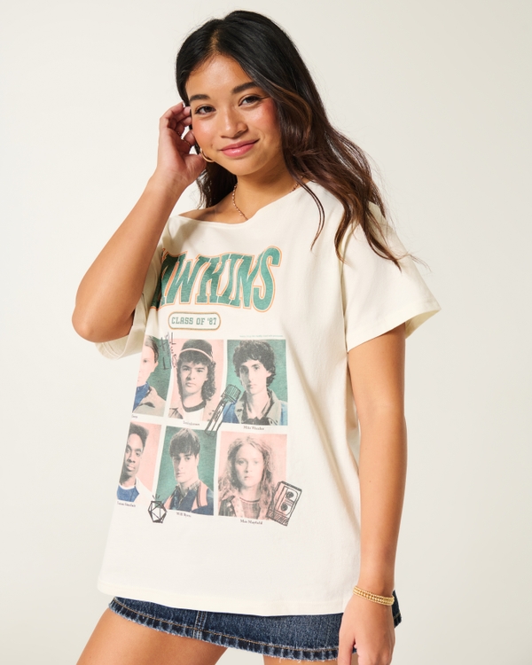 Oversized Off-the-Shoulder Stranger Things Graphic Tee, Cloud White view 1