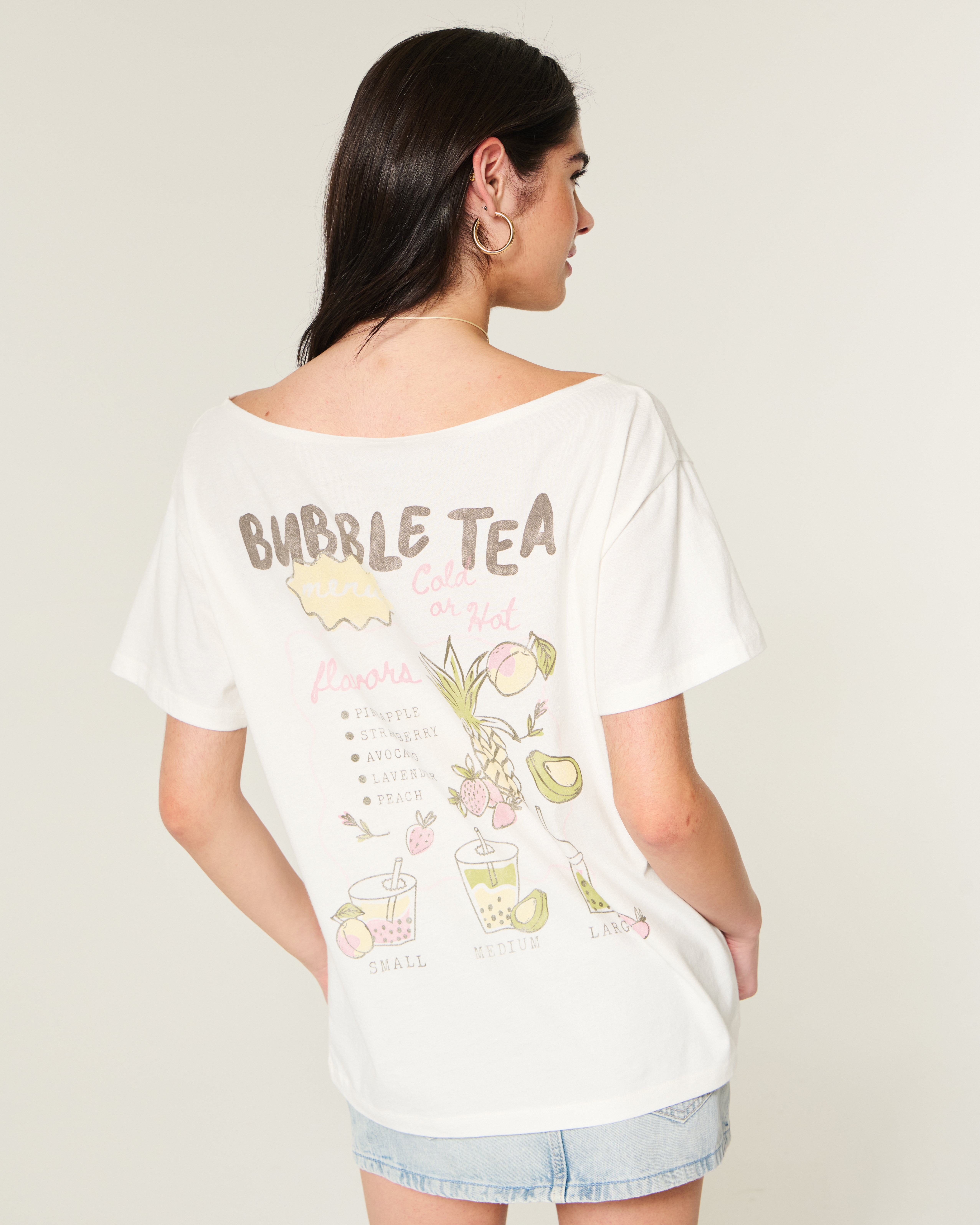 Oversized Off-the-Shoulder Bubble Tea Graphic Tee