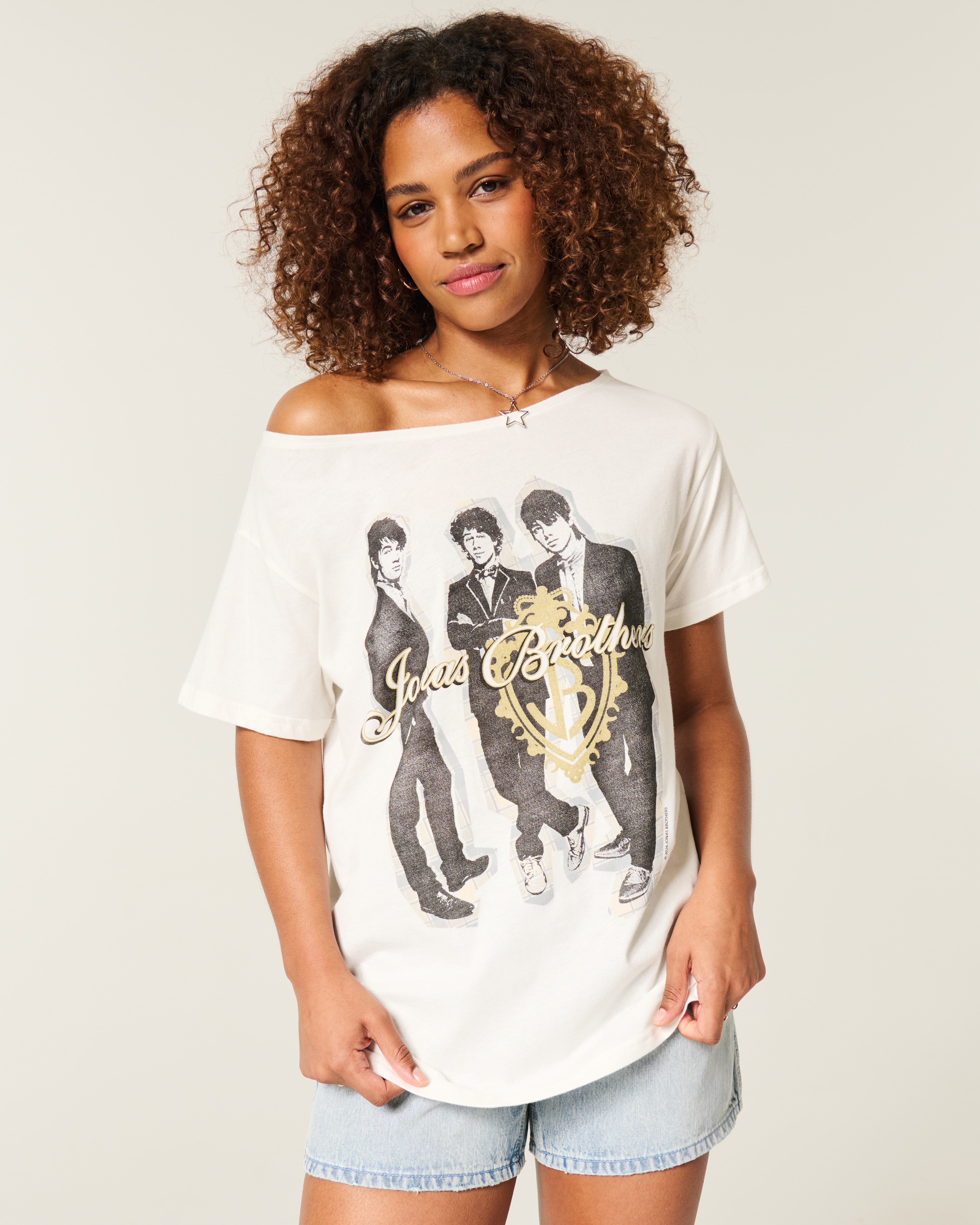 Off-the-Shoulder Jonas Brothers Graphic Tee