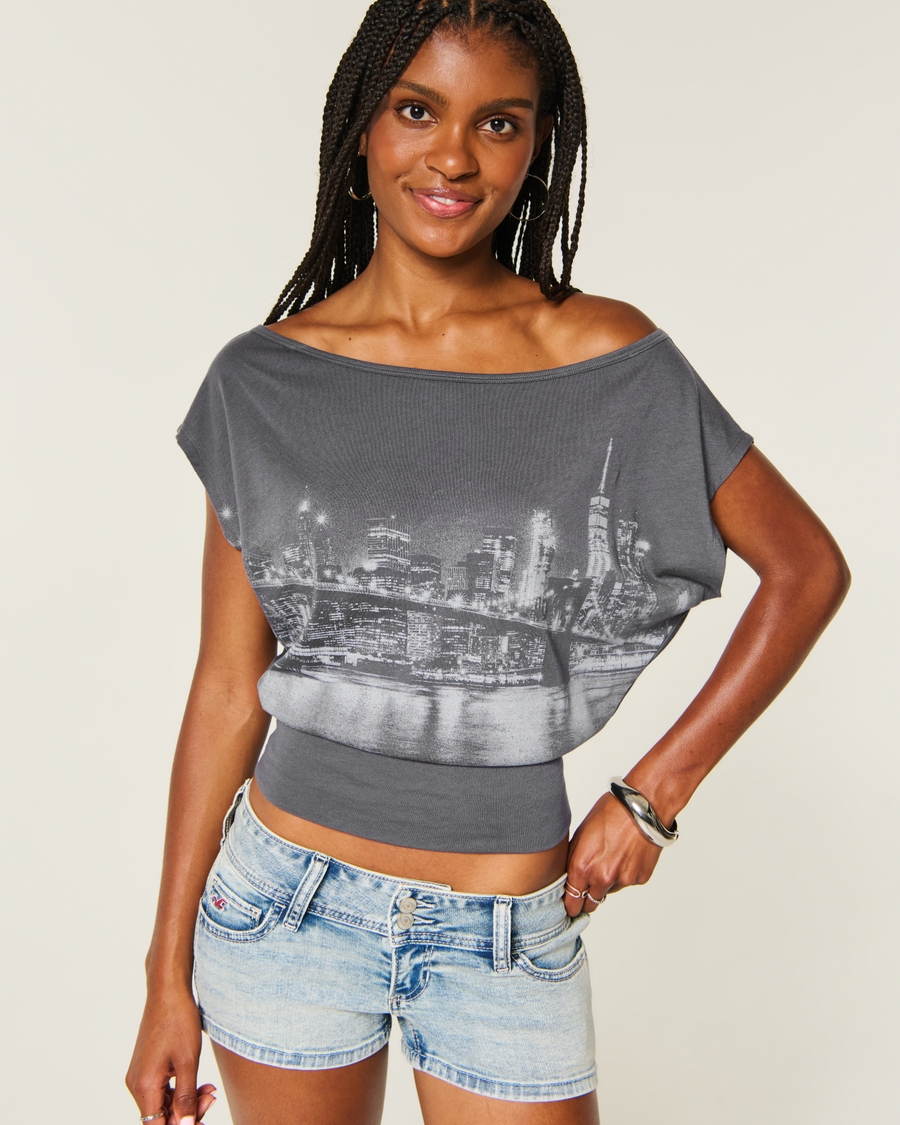 Off The Shoulder Short Sleeve New York Graphic Dolman Top