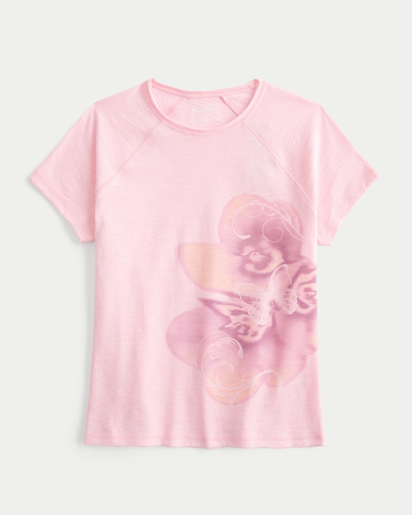 Floral & Butterfly Graphic Tee, Pink view 1