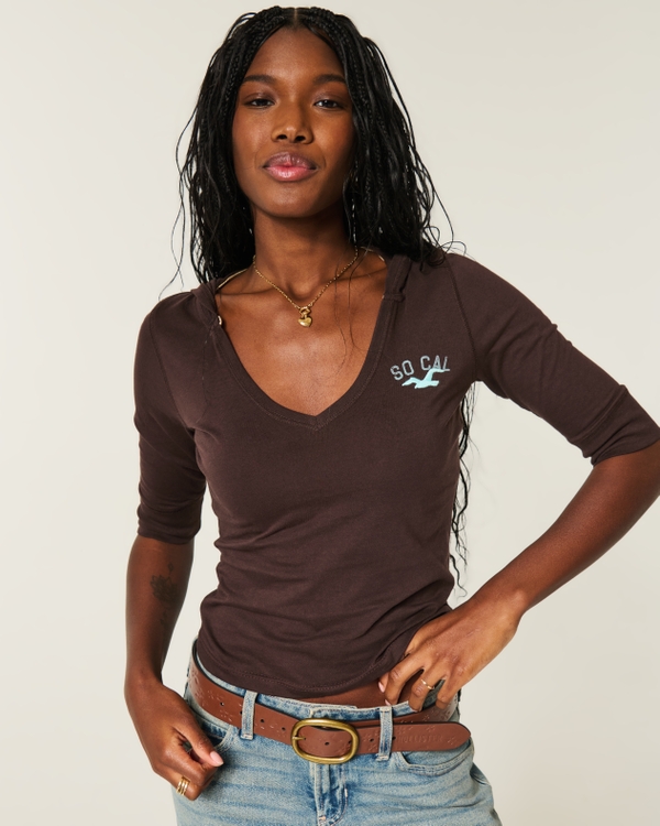 Hooded Half-Sleeve Logo Graphic Tee, Brown view 1