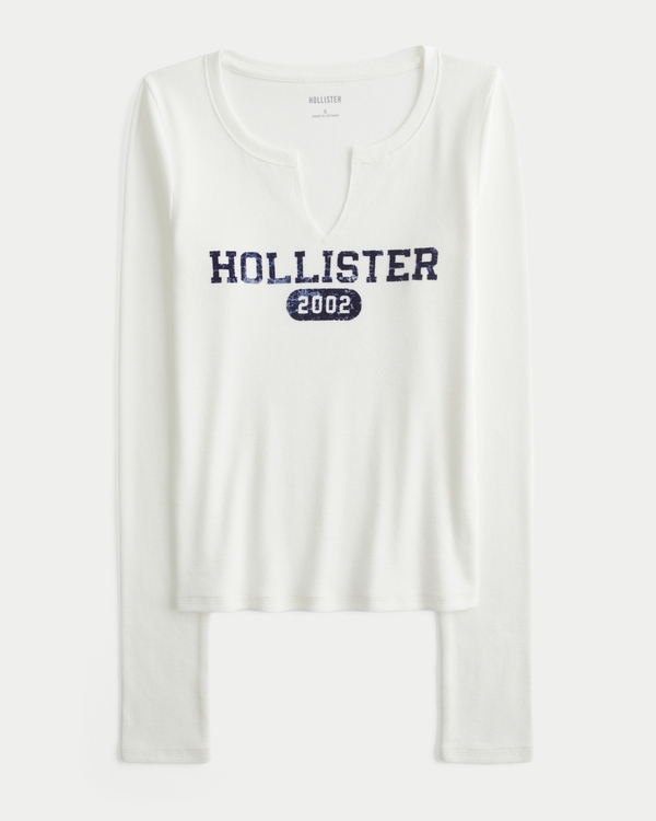 ヴィンテージ新品Hollister 長袖 カットソー XSサイズ ウィメンズ Long-Sleeve Notch-Neck Logo Graphic Tee | ウィメンズ