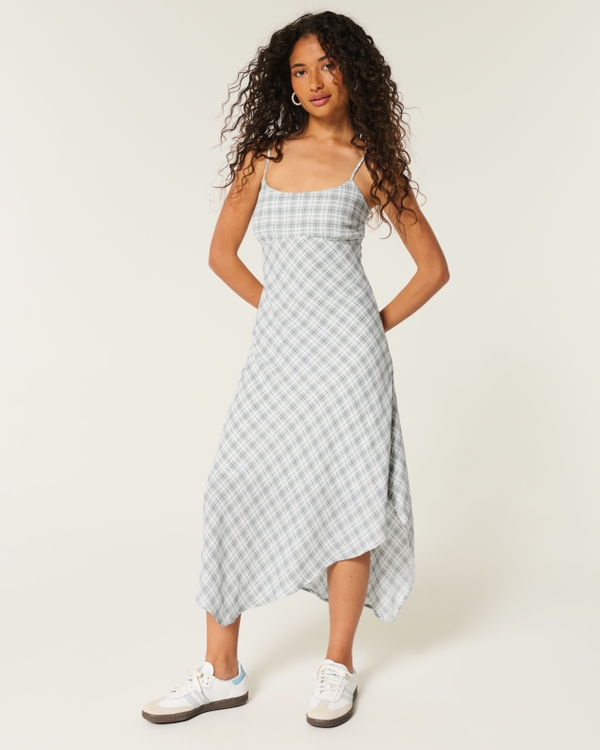 Asymmetrical Crepe Open-Back Midi Slip Dress, Light Green Plaid view 1