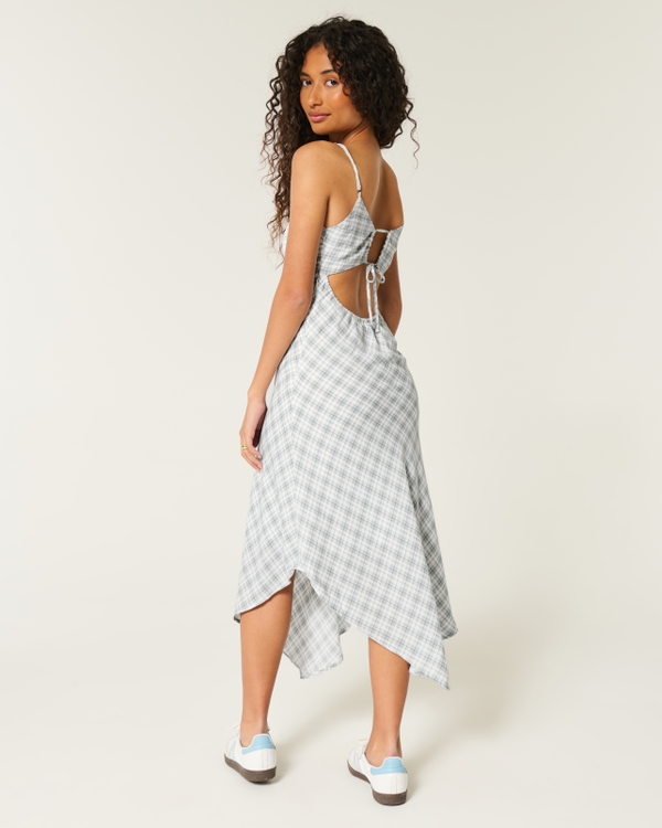 Asymmetrical Crepe Open-Back Midi Slip Dress, Light Green Plaid view 2